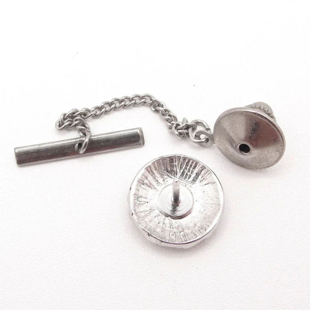 Vintage Silver Tone Round Textured Ribbed Cable Rope Dome Tie Tack Chain T-Bar